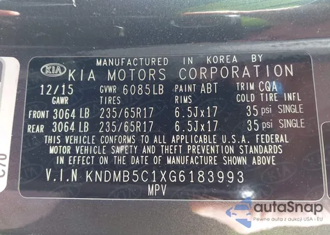 2016 Kia Sedona Lx from USA, damaged, VIN KNDMB5C1XG6183993